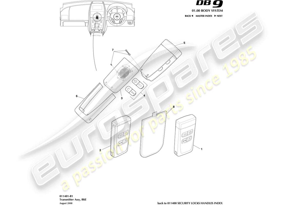 aston martin db9 (2007) transmitter, rke part diagram