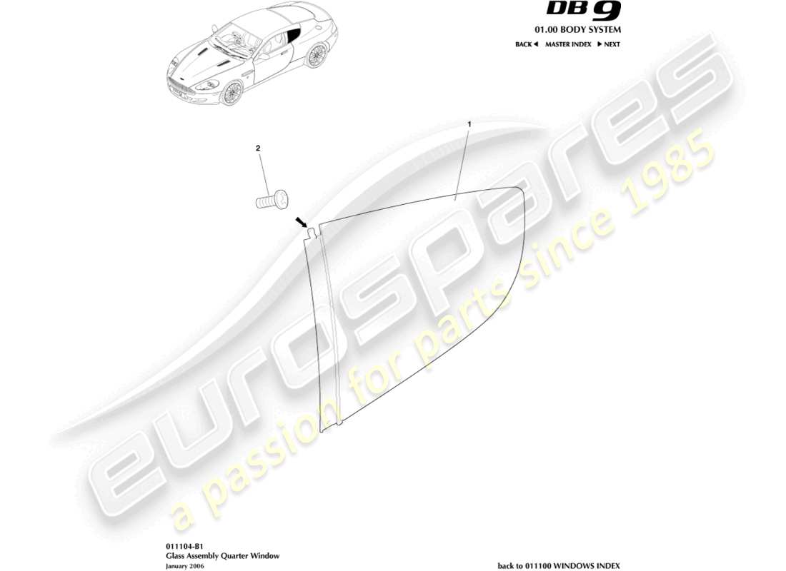 aston martin db9 (2007) rear quarter glass, coupe part diagram