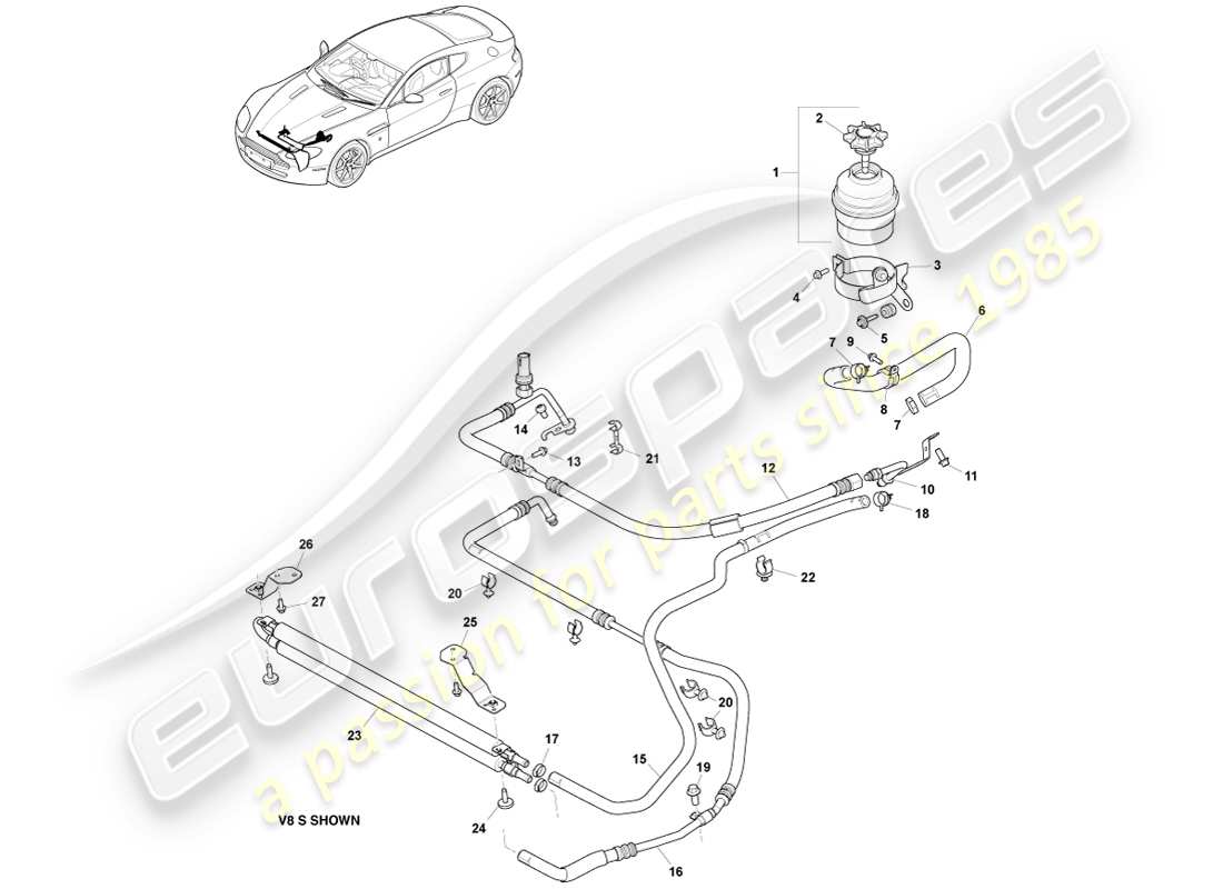 aston martin v8 vantage (2005) cooler, hoses & reservoir, rhd part diagram