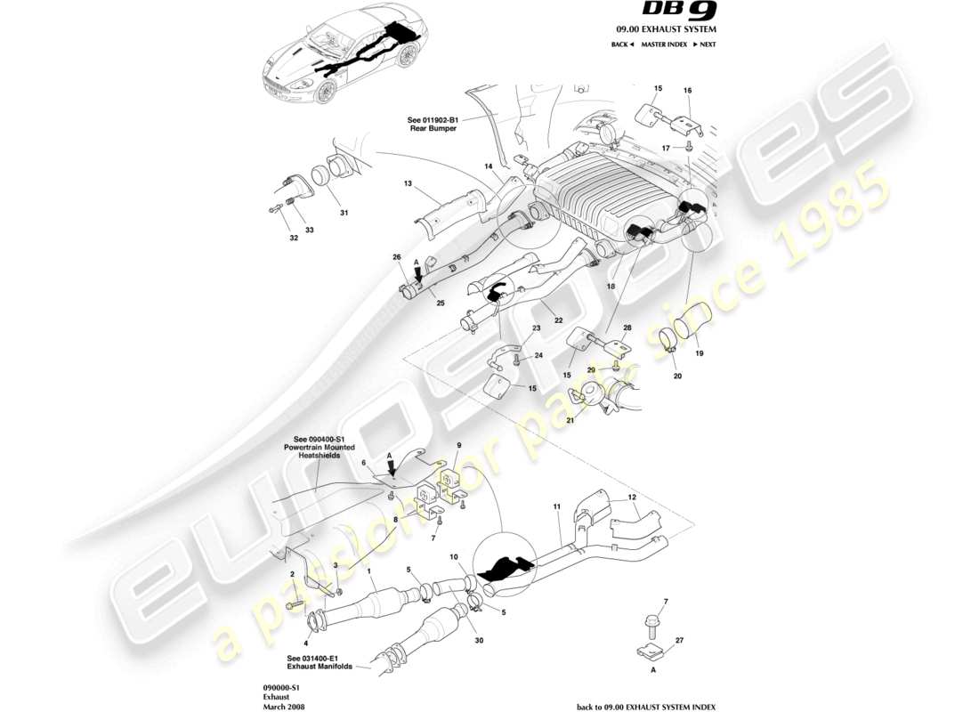 aston martin db9 (2007) exhaust system parts diagram