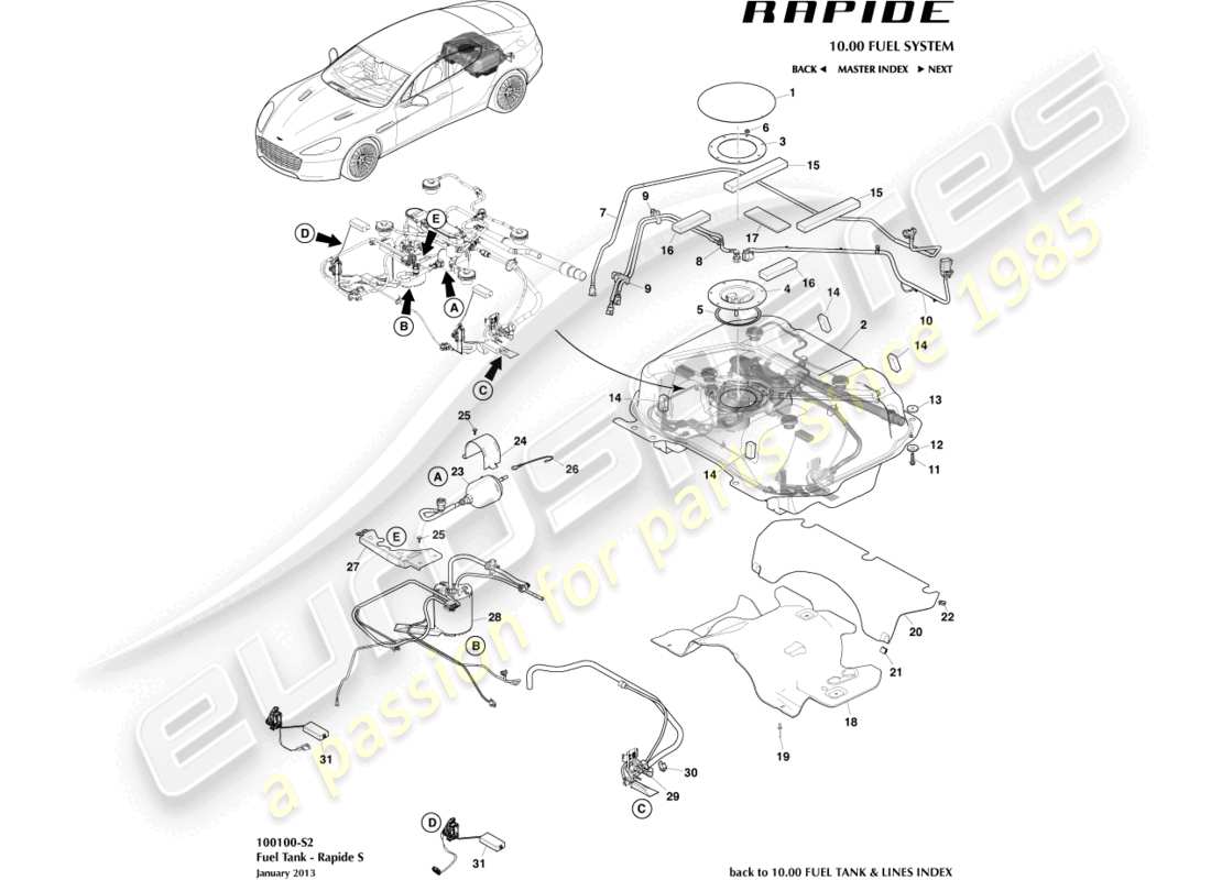 aston martin rapide (2011) fuel tank assy, s part diagram