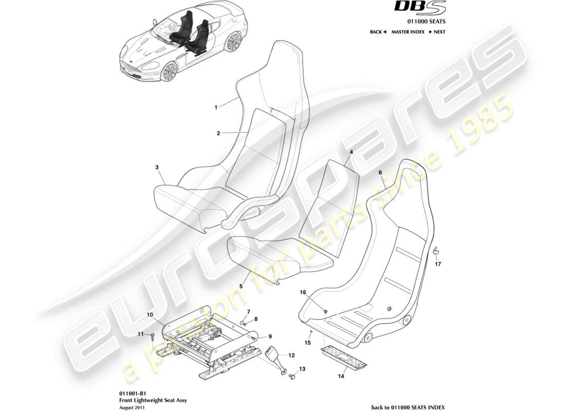 aston martin dbs (2007) front lightweight seat parts diagram