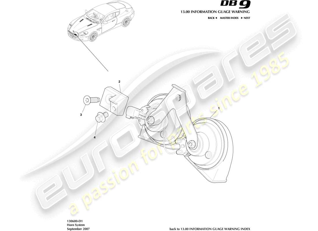 aston martin db9 (2007) horn system part diagram