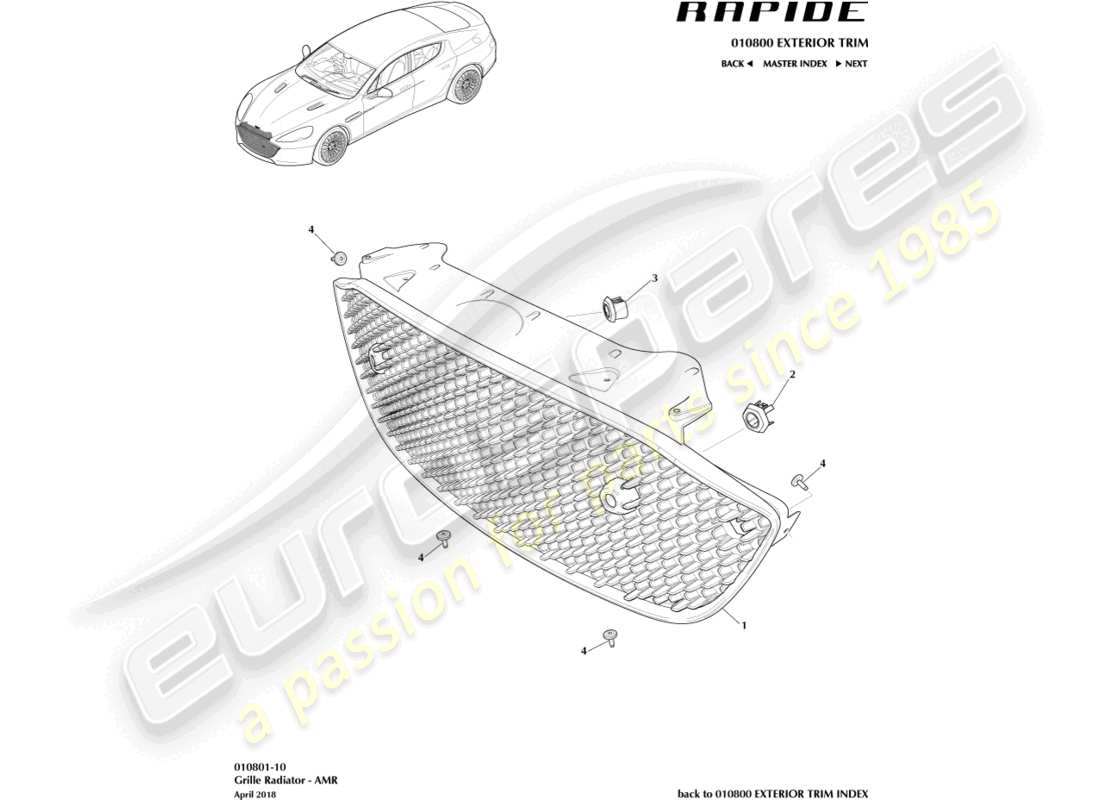 aston martin rapide (2011) radiator grille, amr part diagram