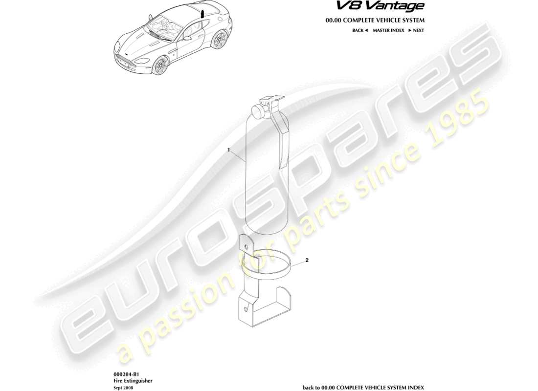 aston martin v8 vantage (2009) fire extinguisher part diagram