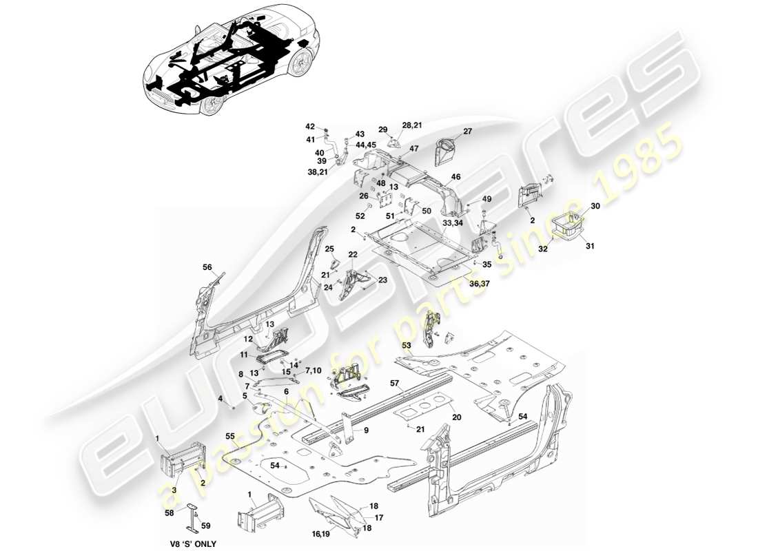 aston martin v8 vantage (2007) body components, roadster part diagram