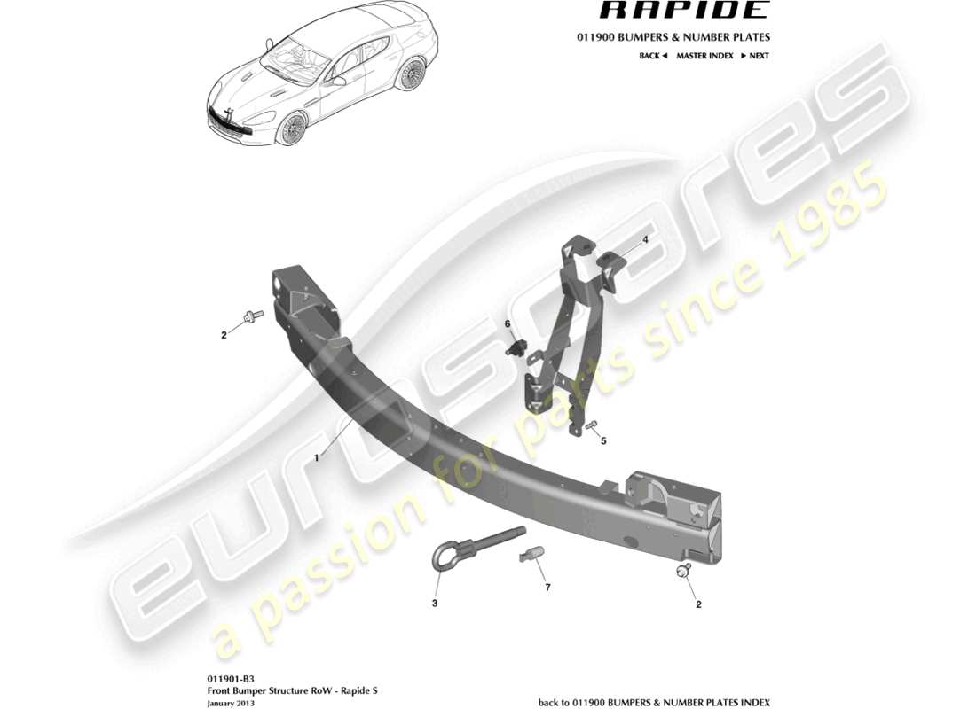 aston martin rapide (2011) front bumper structure, s row part diagram