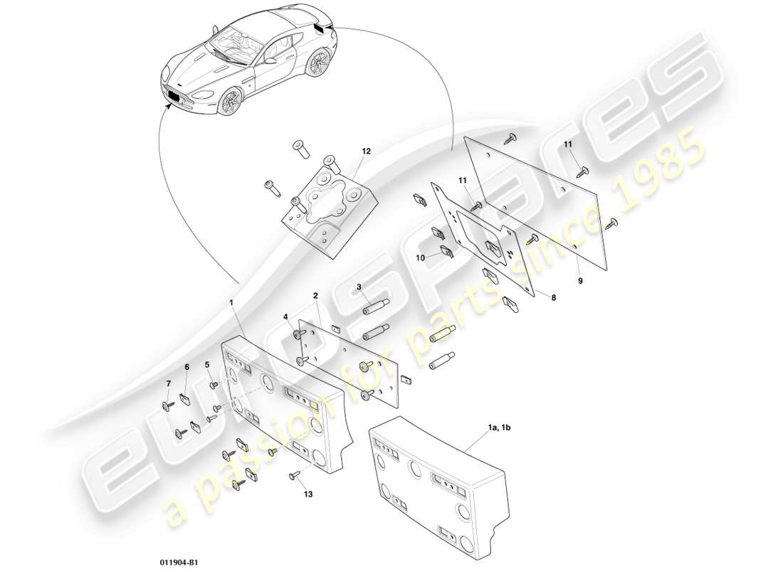 aston martin v8 vantage (2005) license plate brackets, china, fed, gcc part diagram