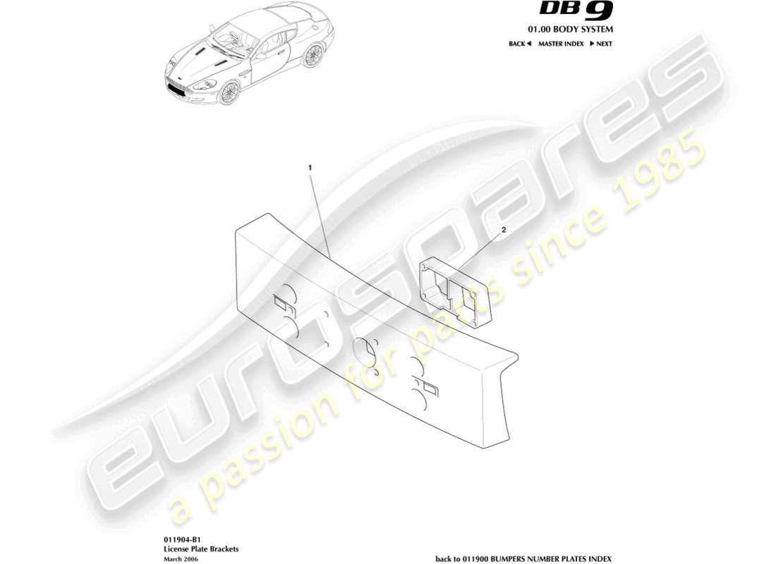 aston martin db9 (2007) license plate brackets part diagram