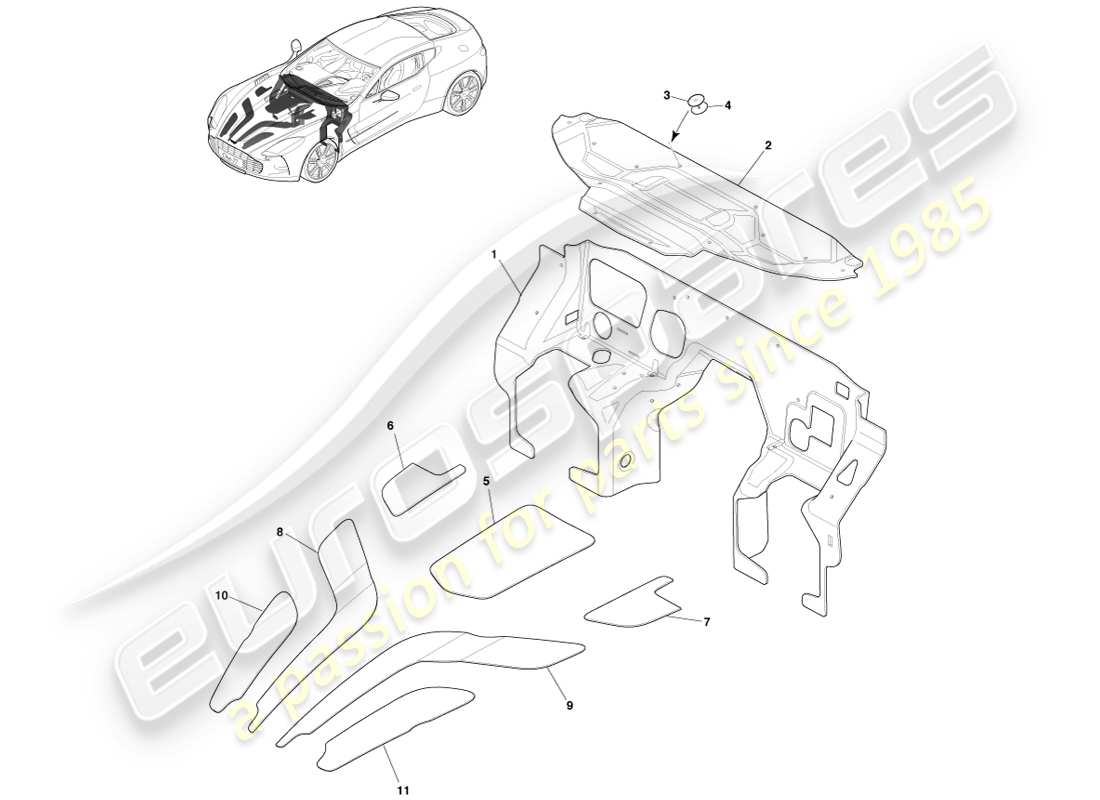 aston martin one-77 (2011) bulkhead & engine insulation part diagram