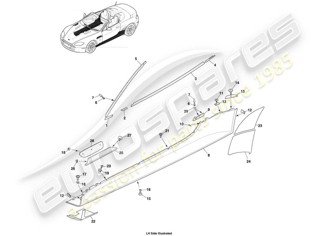 aston martin v8 vantage (2007) bodyside & quarter trim, roadster part diagram