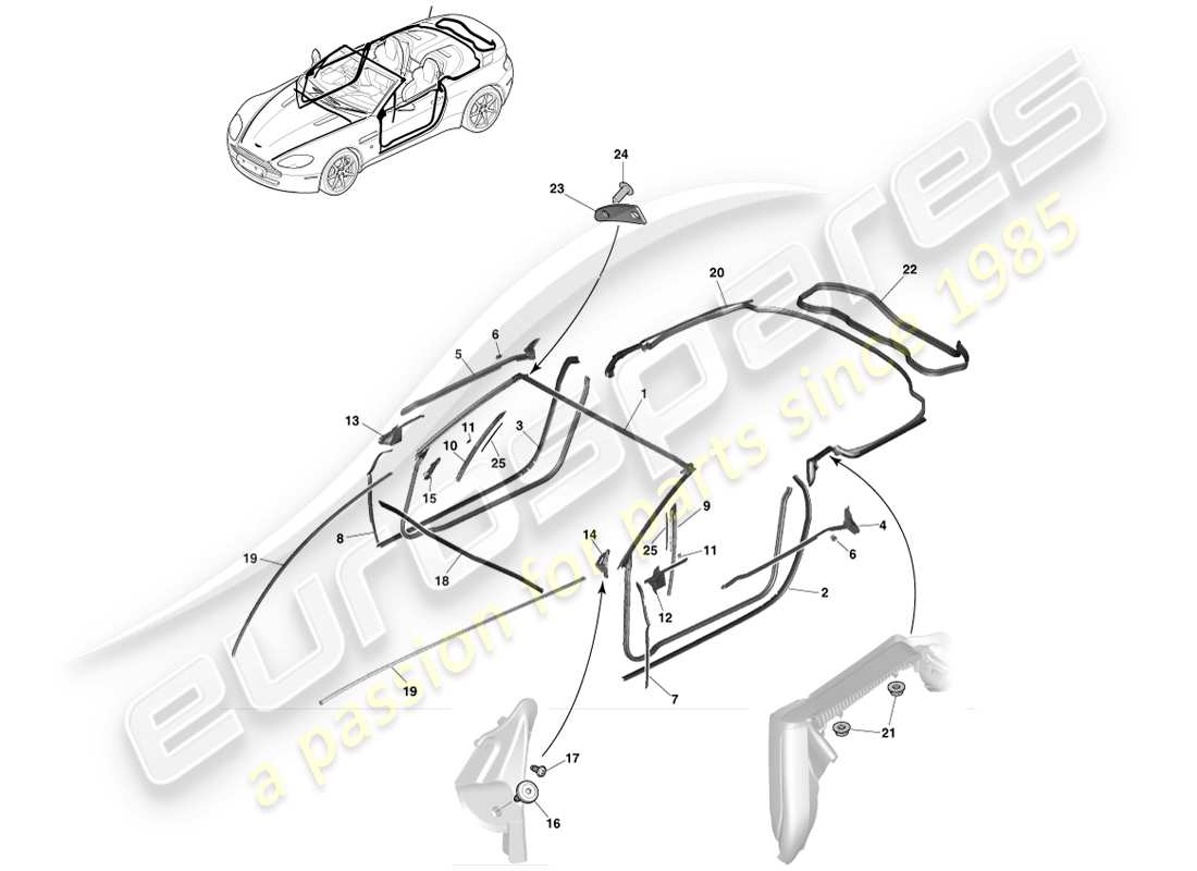 aston martin v8 vantage (2005) dynamic weatherstrips, roadster part diagram