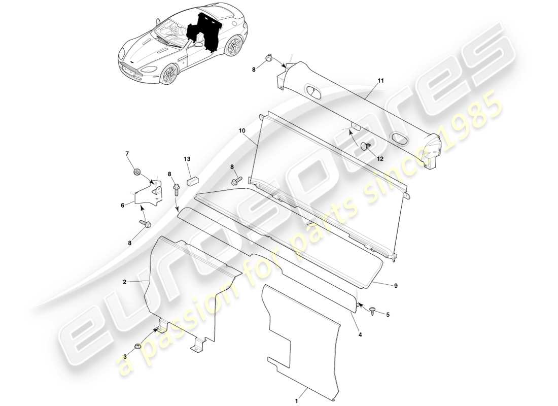 aston martin v8 vantage (2007) rear end trim, coupe part diagram