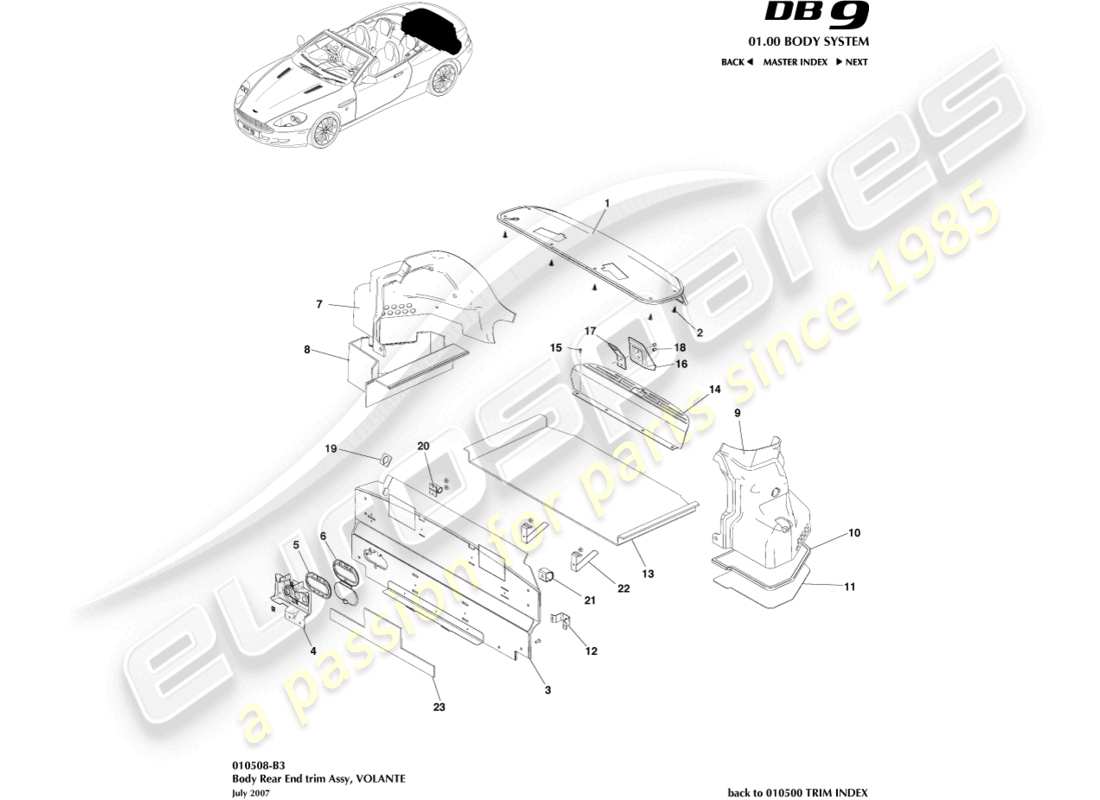 aston martin db9 (2007) rear end trim, volante part diagram