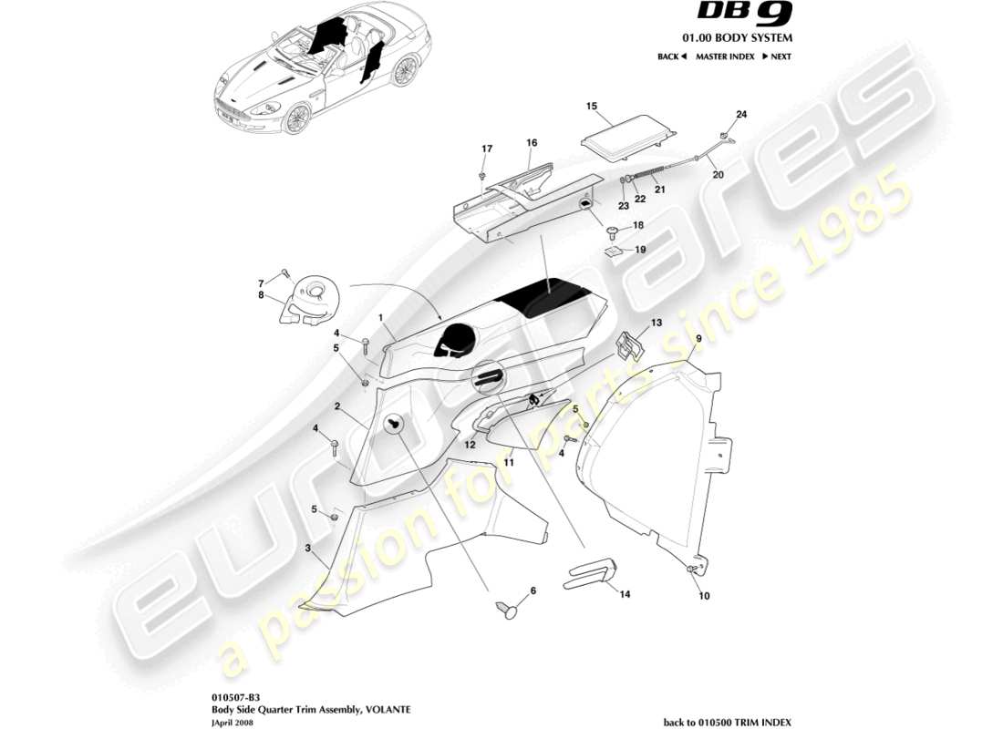 aston martin db9 (2007) body side quarter trim, volante part diagram