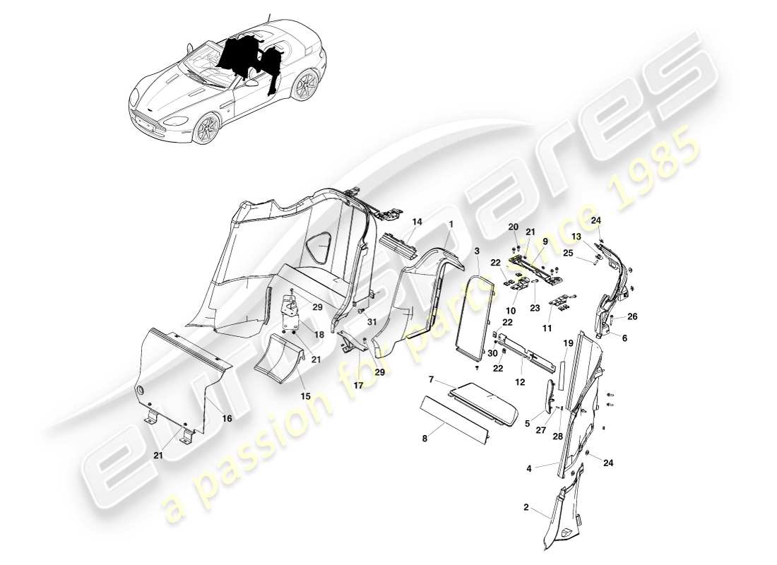 aston martin v8 vantage (2005) body side quarter trim, roadster part diagram