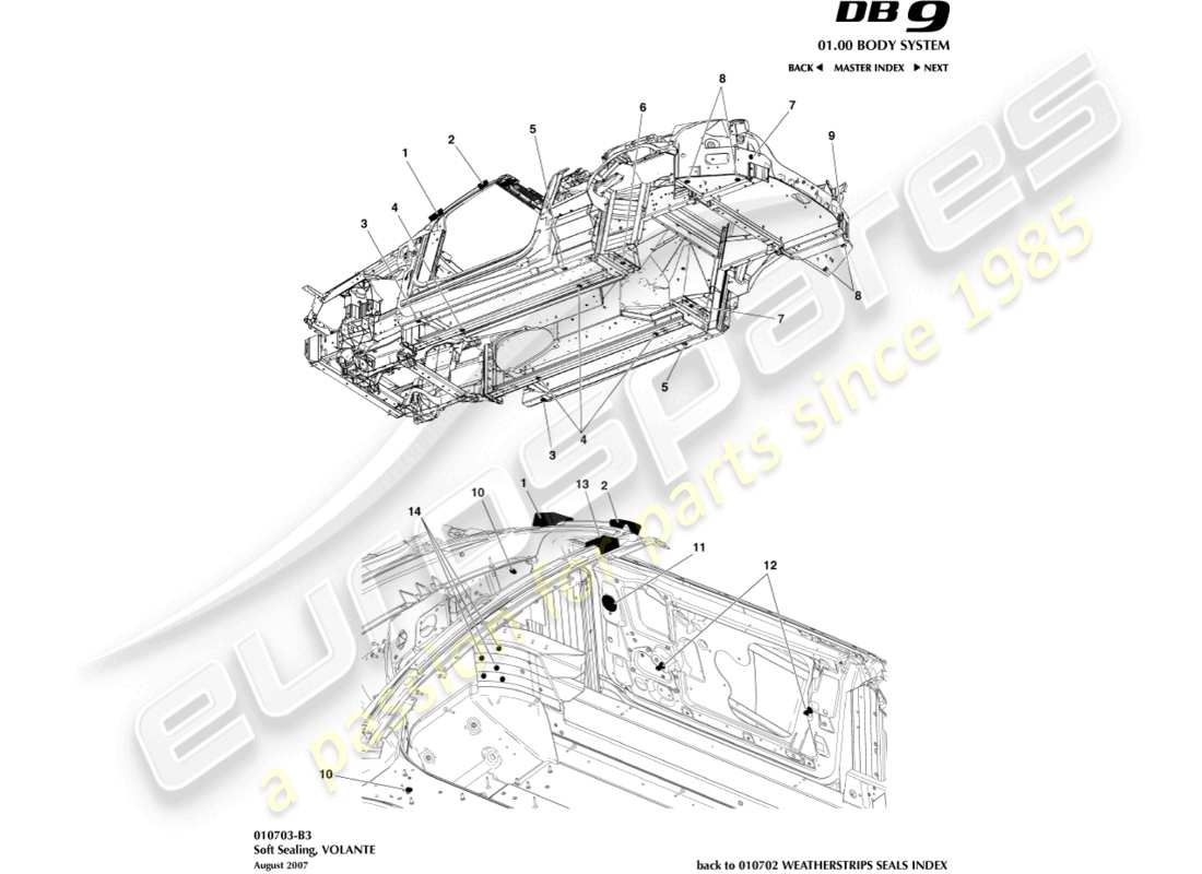 aston martin db9 (2007) soft sealing, volante part diagram