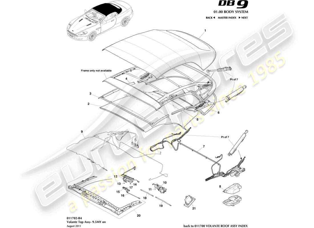 aston martin db9 (2012) volante roof assembly, 9.5my on part diagram