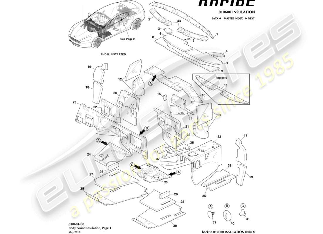 aston martin rapide (2011) noise insulation, front part diagram