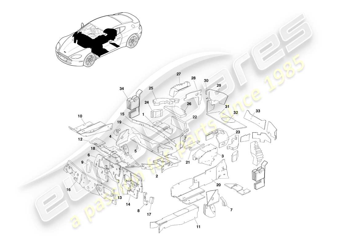 aston martin v8 vantage (2005) body insulation, rhd part diagram