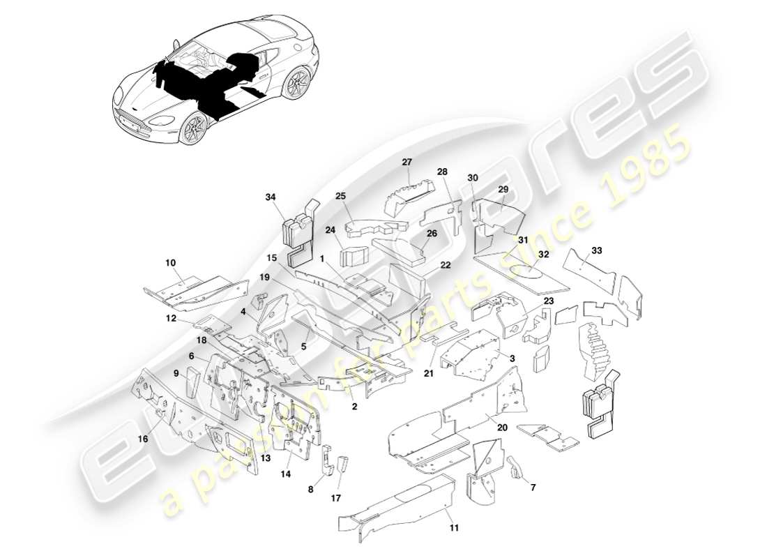 aston martin v8 vantage (2007) body insulation, rhd part diagram