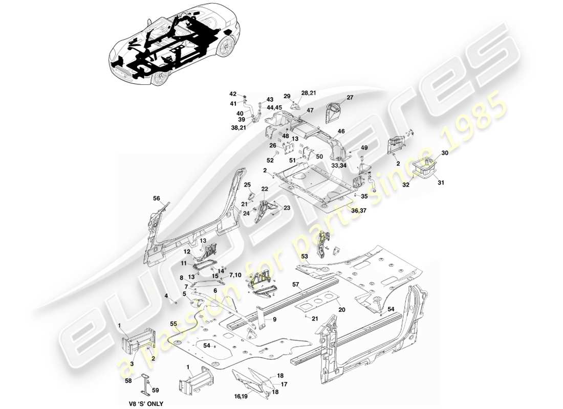 aston martin v8 vantage (2005) body components, roadster part diagram