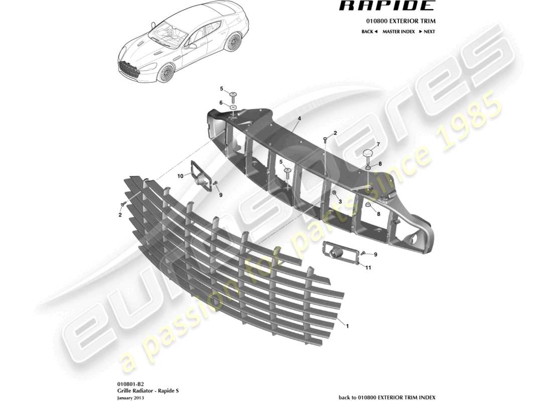 aston martin rapide (2011) radiator grille, s part diagram