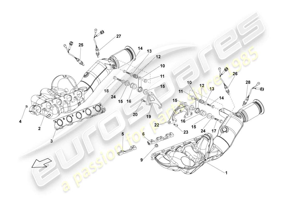 lamborghini lp550-2 coupe (2011) exhaust manifold with catalytic converter parts diagram