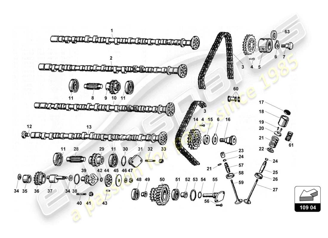 lamborghini countach 25th anniversary (1989) camshafts and valves parts diagram