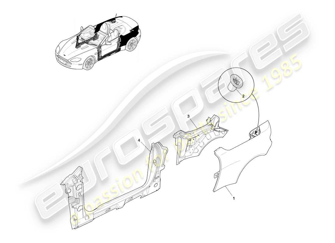 aston martin v8 vantage (2005) panel body side, roadster part diagram