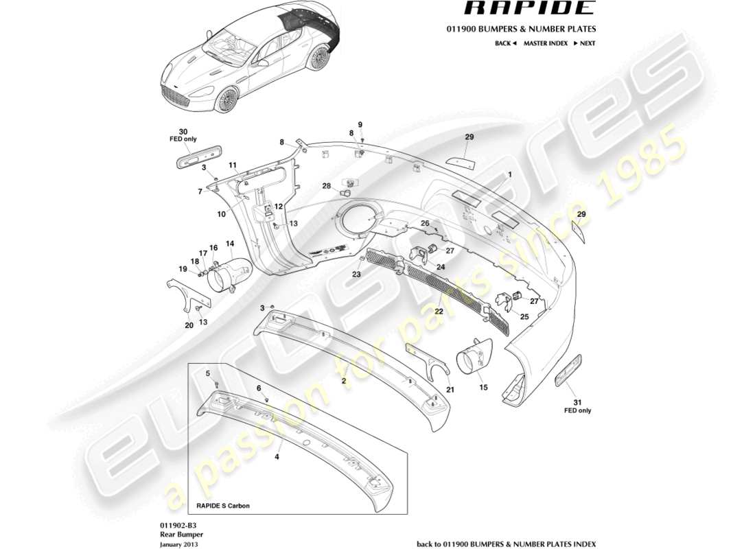 aston martin rapide (2011) rear bumper part diagram