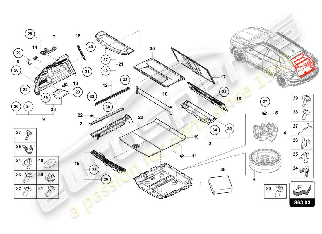 lamborghini urus s (2023) luggage compartment lining parts diagram