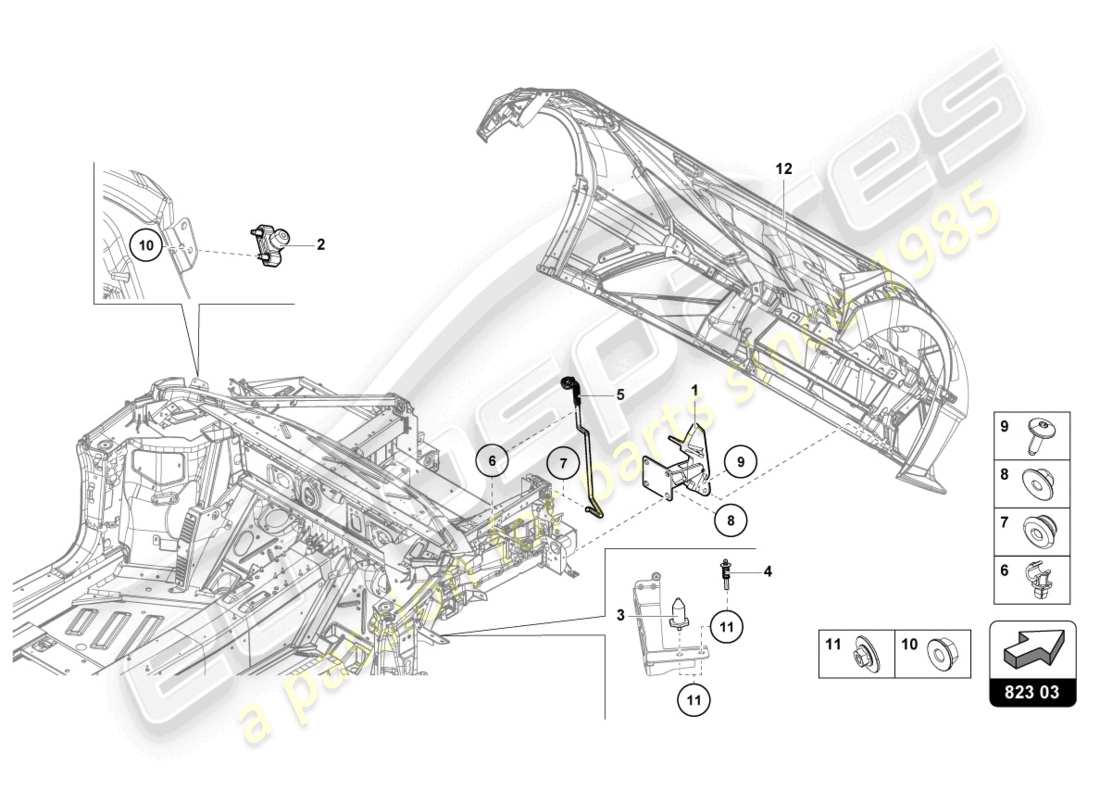 lamborghini sto (2024) bonnet hinge front part diagram