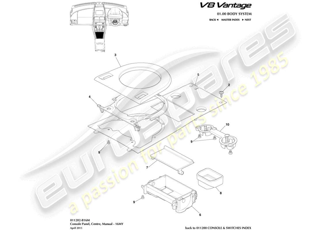 aston martin v8 vantage (2012) front console, manual, 16my part diagram