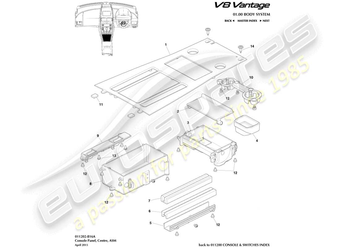 aston martin v8 vantage (2012) front console, asm, 16my part diagram