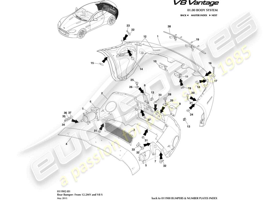 aston martin v8 vantage (2016) rear bumper, 12.25my on & v8s part diagram