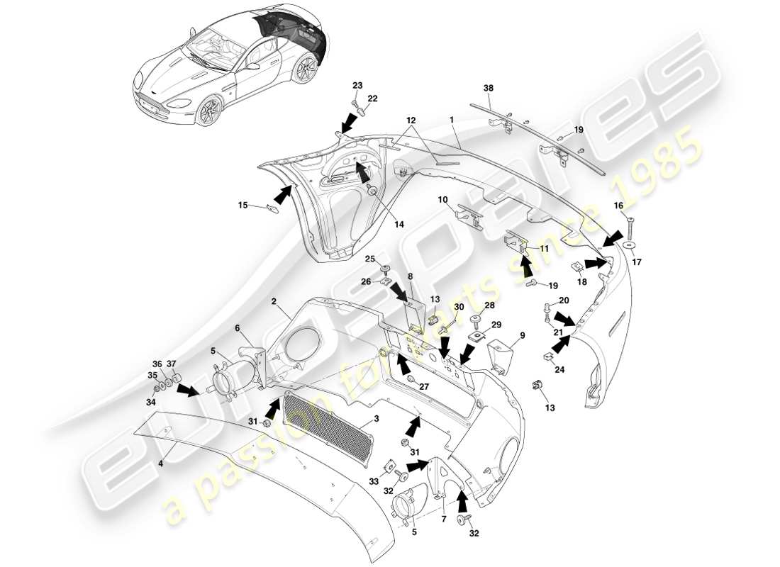 aston martin v8 vantage (2007) rear bumper, 12.25my on & v8s part diagram