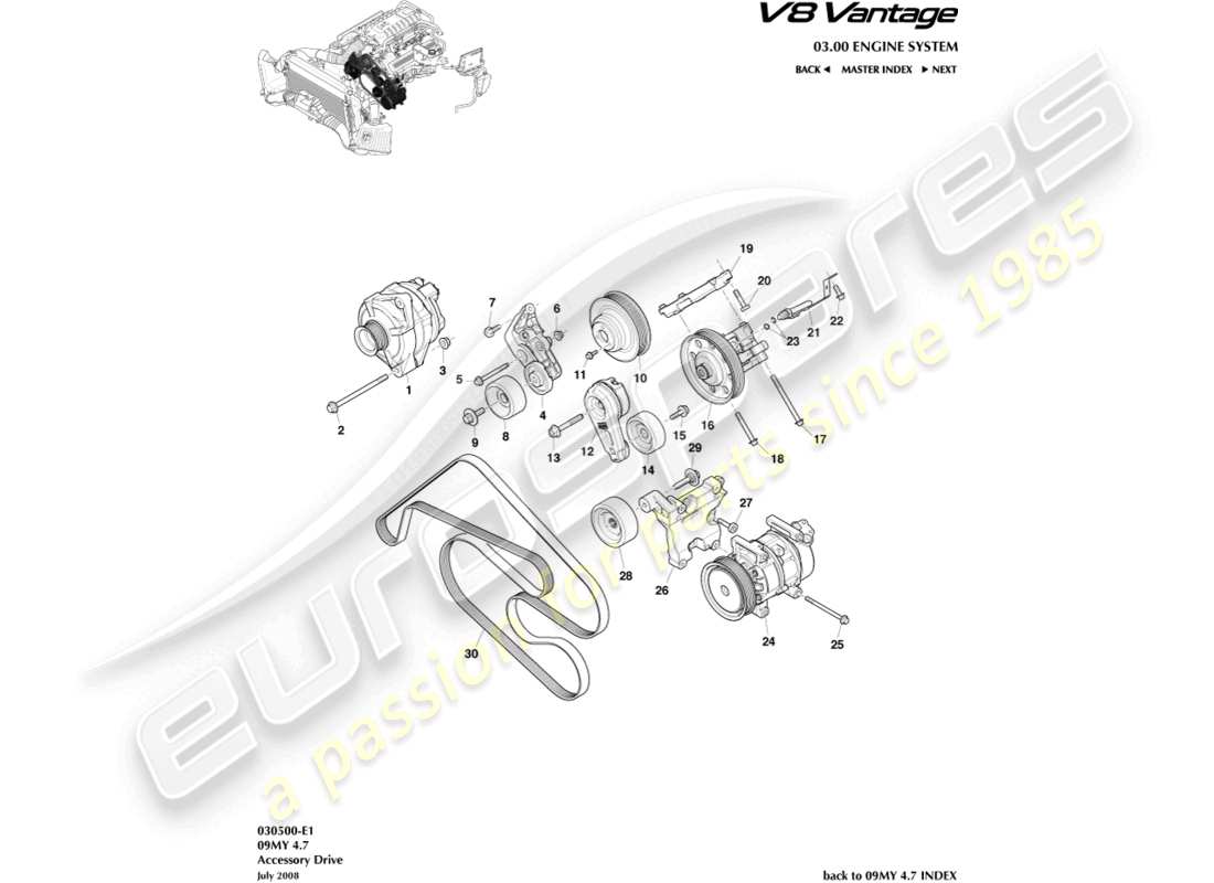 aston martin v8 vantage (2009) accessory drive part diagram