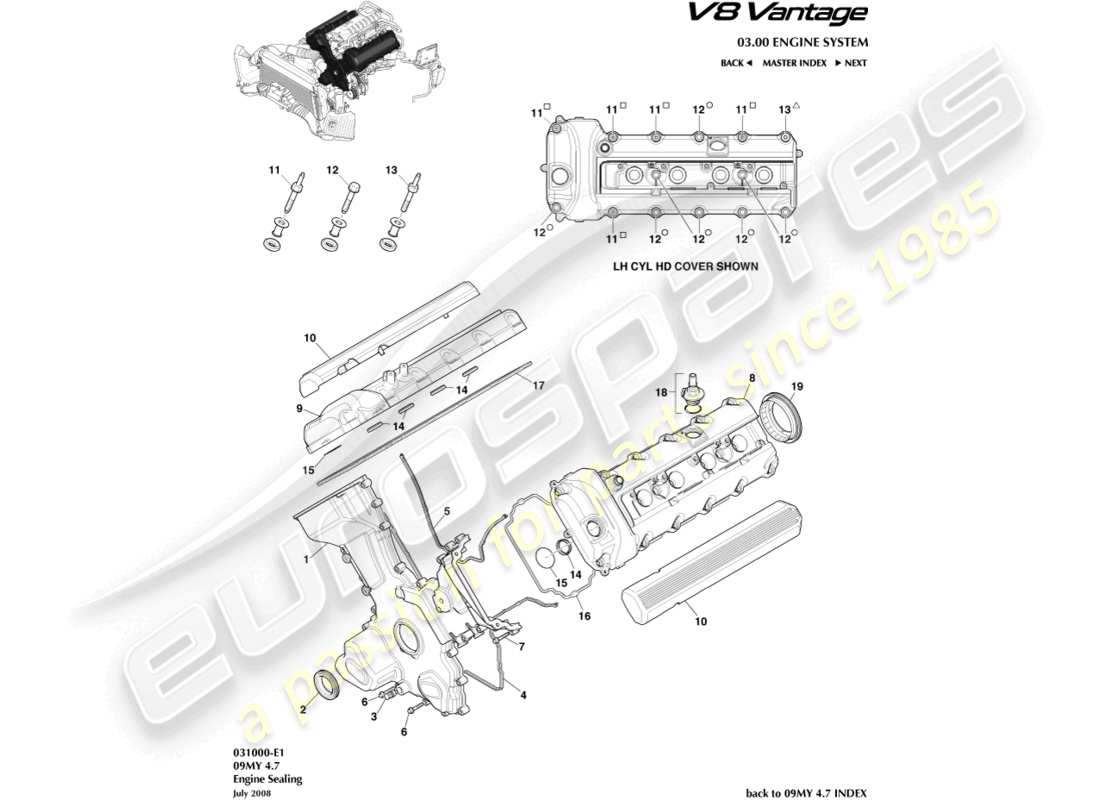 aston martin v8 vantage (2016) engine sealing part diagram