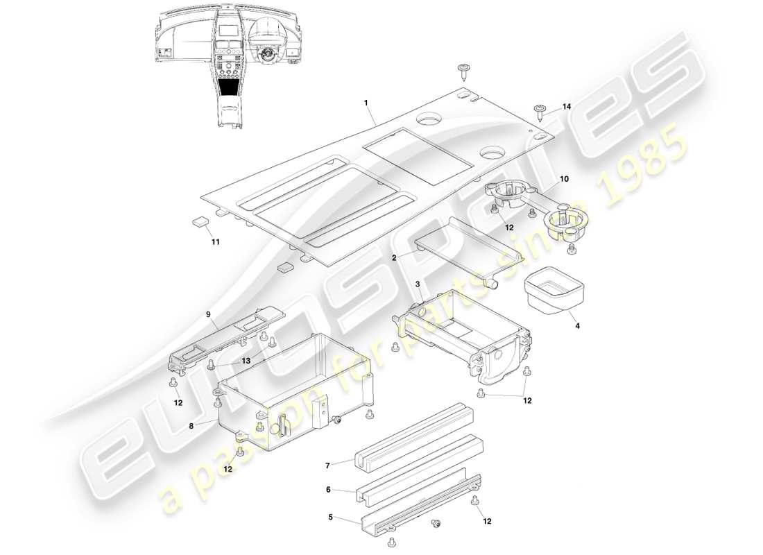 aston martin v8 vantage (2005) front console, asm, 16my part diagram