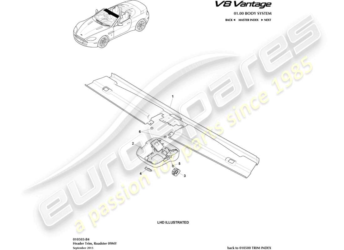 aston martin v8 vantage (2013) header trim, roadster 09my part diagram