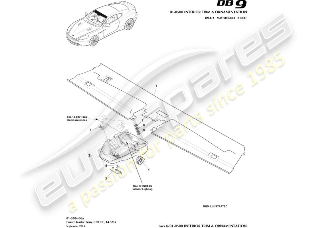 aston martin db9 (2014) front header trim, coupe, 14.5my part diagram