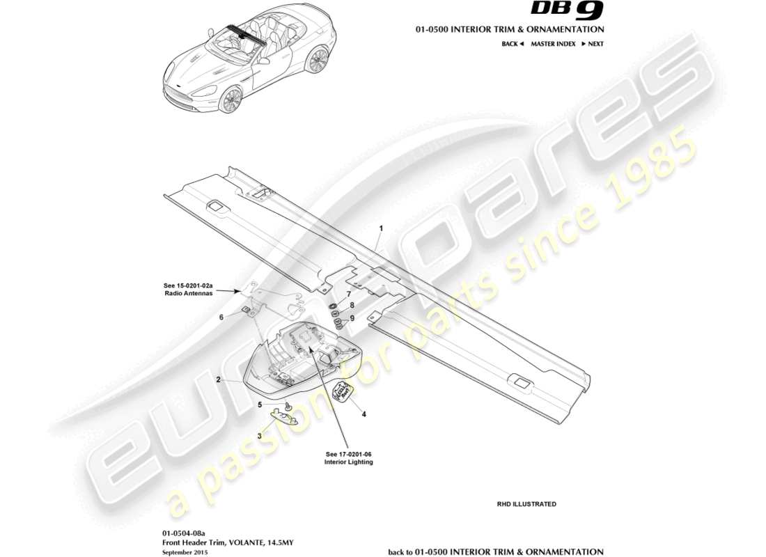 aston martin db9 (2014) front header trim, volante, 14.5my part diagram