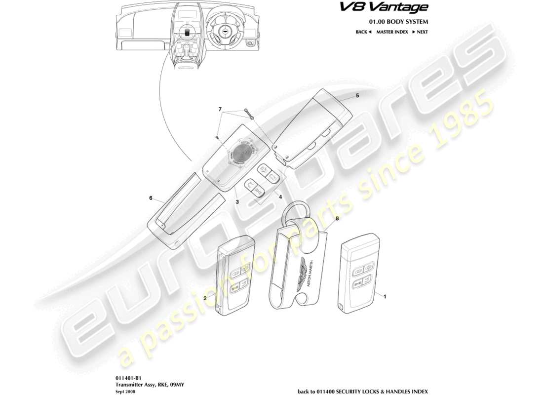 aston martin v8 vantage (2018) transmitter, rke, 09my part diagram