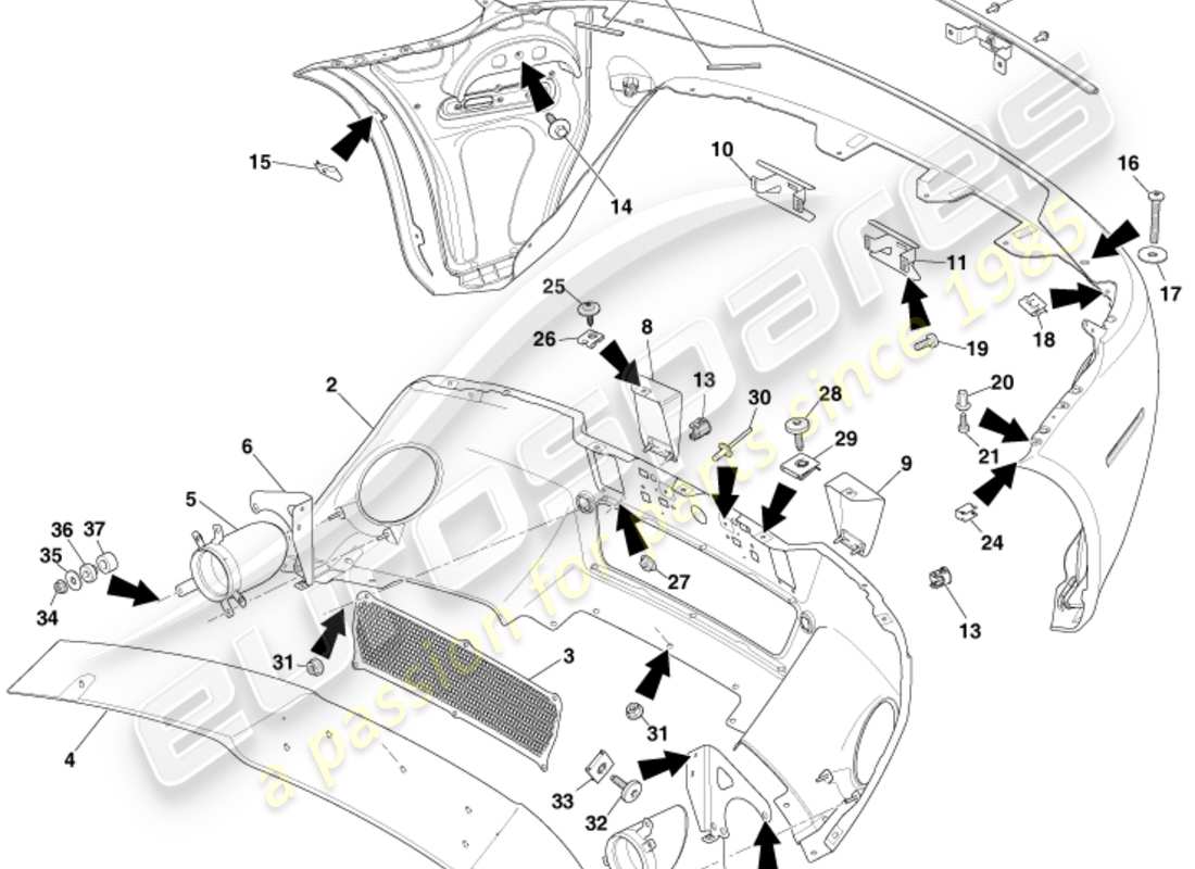 aston martin v8 vantage (2011) rear bumper, 12.25my on & v8s part diagram