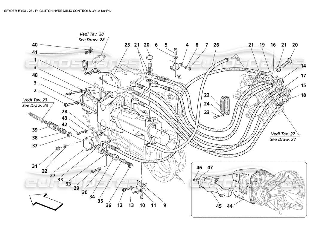 maserati 4200 spyder (2003) f1 hydraulic clutch controls - valid for f2 part diagram