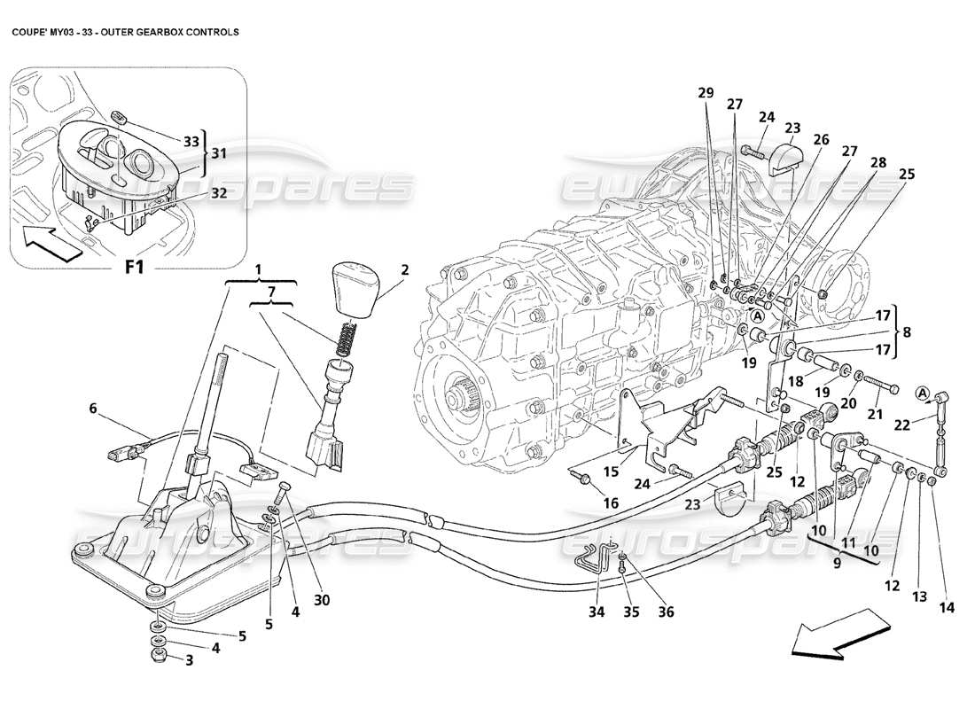 maserati 4200 coupe (2003) outer gearbox controls parts diagram