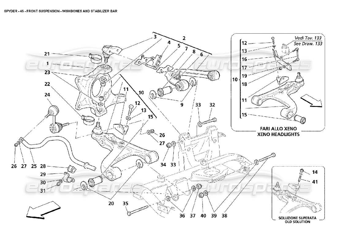 maserati 4200 spyder (2002) front suspension - wishbones and stabilizer bar parts diagram