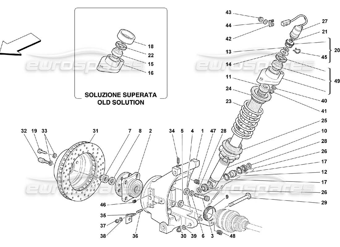 ferrari 550 maranello rear suspension - shock absorber and brake disc parts diagram