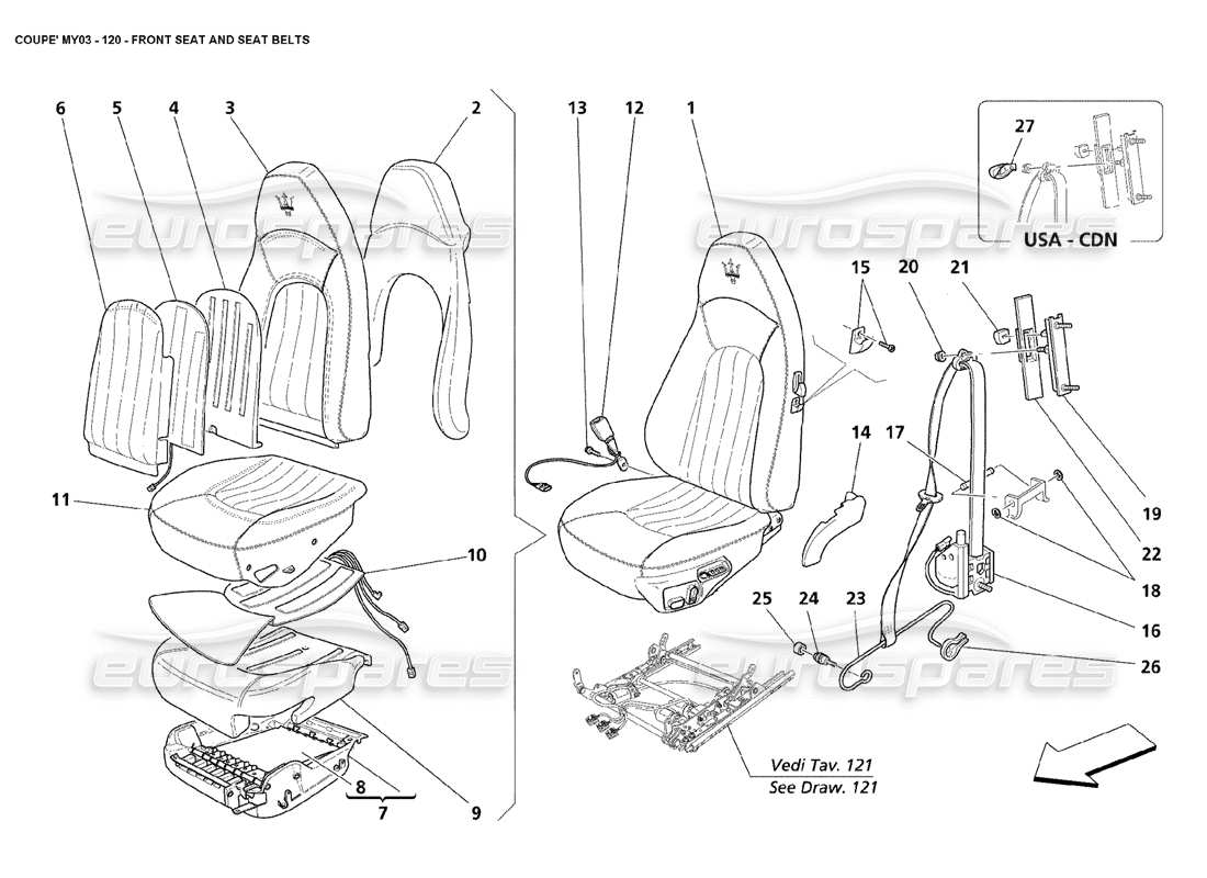 maserati 4200 coupe (2003) front seat and seat belts parts diagram